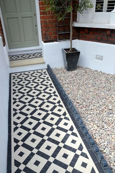 Front Garden Path, Victorian Mosaic Tile, Victorian Front Garden, Terrace House Exterior, Front Path, Black And White Tile, Front Door Steps, Victorian Renovation, York Stone