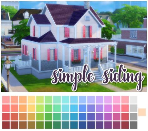 65 colors of siding with white trim on the corners. Comes in the basic siding as well as the siding with light and dark gray bricks for all 65 colors.  ts4, ts4cc, ts4build, build mode, walls, wallpaper, wood siding, rainbow, recolour, Sims 4 Cc Siding Wall, Sims 4 Siding Cc Exterior, Sims 4 House Siding Cc, Sims 4 Cc Siding, Sims 4 Cc Exterior Walls, Sims 4 Exterior Wall Cc, Siding With White Trim, Sims 4 Recolors, Outdoor House Colors