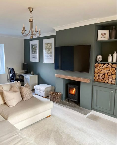 Sitting Room Ideas Color Schemes, Room Ideas Color Schemes, Mounted Tv Ideas Living Rooms, Room Ideas Color, Country Cottage Living Room, Log Burner Living Room, Alcove Cupboards, Lounge Room Styling, Living Room Panelling