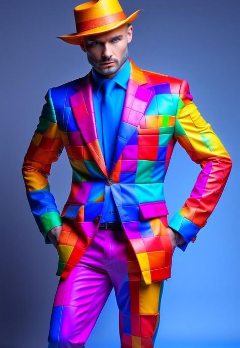 Male Colorful Outfit, Crazy Outfits Men, Colorful Suit, Brown Pants Outfit, Formal Streetwear, Rainbow Costumes, Green Pants Outfit, Guy Outfits, Pageant Outfits