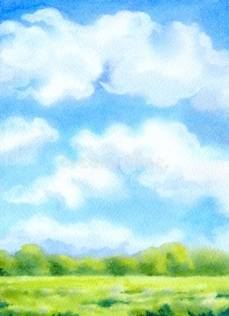 Watercolor background with white clouds on blue sky over sunlit. Colorful waterc #Sponsored , #SPONSORED, #Paid, #white, #Watercolor, #Colorful, #clouds Sky With Watercolor, Blue Sky Watercolor Painting, How To Paint A Sky Background, Blue Sky Clouds Painting, Painting Sky Clouds, Watercolor Background Landscape, Sky Background Drawing, Watercolor Art Sky, Sky Drawing Clouds