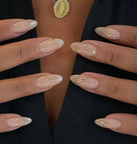 more in telegram Very Elegant Nails, Nice And Gold Nails, Prom Elegant Nails, White Gold Prom Nails, Nail Inspo For Gold Dress, Nude Almond Nails With Gold Design, Cream And Gold Nails Acrylic, Simple Gold Accent Nails, White French Tip Nails Gold Accent