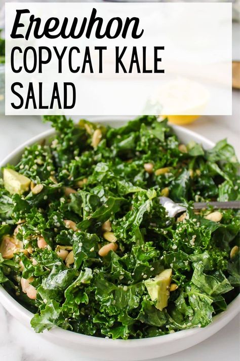 Make this delicious Erewhon Kale Salad recipe at home. This is a copycat recipe from the chic Los Angeles health food store that is a cult classic. Creamy white beans, avocado, and a lemony dressing elevate this kale salad to the next level. Erewhon Salad Recipes, Lemony Kale Salad, Kale Parmesan Salad, Erewhon Kale Salad, Erewhon Kale White Bean Salad, Kale And White Bean Salad, Kale White Bean Salad, Summer Kale Salad Recipes, Erewhon Copycat Recipes