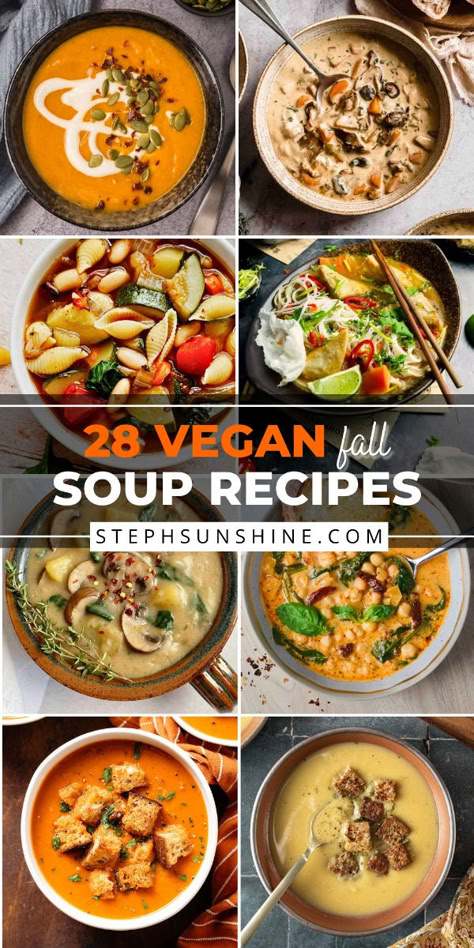 These vegan fall soup recipes are so delicious, they'll stay in your rotation all season long! They're super cozy and comforting, and there are all kinds of soups, including recipes from all over the world. Fall Vegan Soup Recipes, Fall Soup Vegan, Vegan Fall Soup Recipes, Vegetarian Fall Soups, Quick Soup Recipes Vegetarian, Autumn Soup Recipes Vegetarian, Best Vegetarian Soup Recipes, Fall Soup Recipes Vegetarian, Vegan Fall Soup