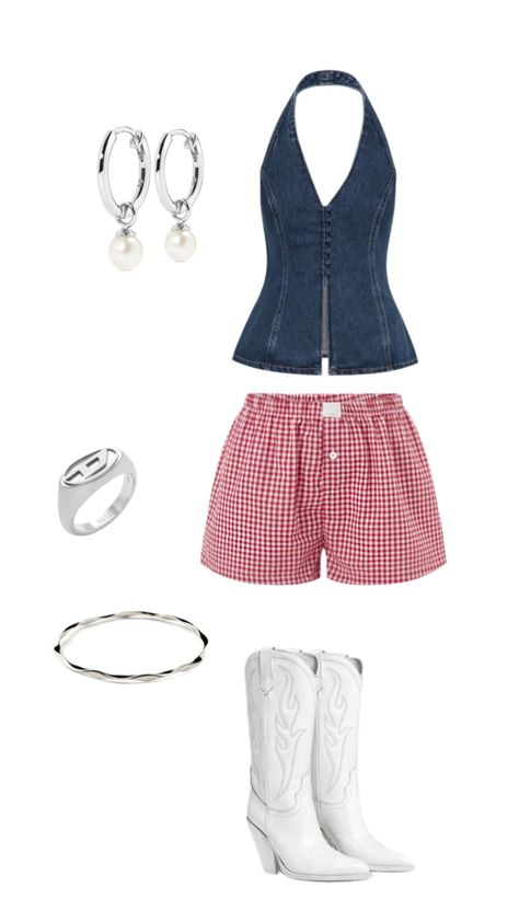 Embrace a playful summer vibe with this stylish outfit! A chic jean halter top pairs perfectly with bold red checkered shorts for a vibrant look. Complete the ensemble with striking white cowboy boots that add a unique flair, and accessorize with shimmering silver jewelry for that extra touch of sparkle. Perfect for outdoor events or a fun day out with friends! ❤️✨ #SummerStyle #PlayfulFashion #OOTD Jean Halter Top, White Shorts Outfit, Checkered Shorts, White Cowboy Boots, Chic Jeans, Red Checkered, Shorts Outfit, Stylish Outfit, Fun Day