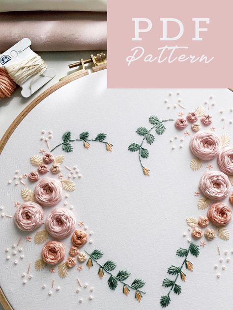 Floral Heart Embroidery, Embroidery Pattern Floral, Sulaman Pita, Pdf Embroidery Pattern, Beginner Embroidery, Embroidery Hearts, Hand Embroidery Patterns Flowers, Floral Embroidery Patterns, Heart Embroidery