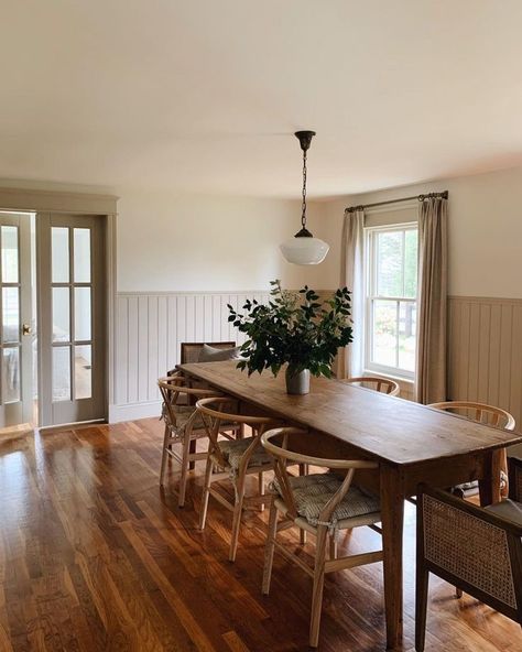 Off Center Dining Table, Cherry Floor Dining Room, Dining Table By Front Door, Modern Cottage Dining Room, Dining Room Cottage, Earthy Dining Room, Cozy Dining Room, Family Dining Room, Cottage Dining Rooms