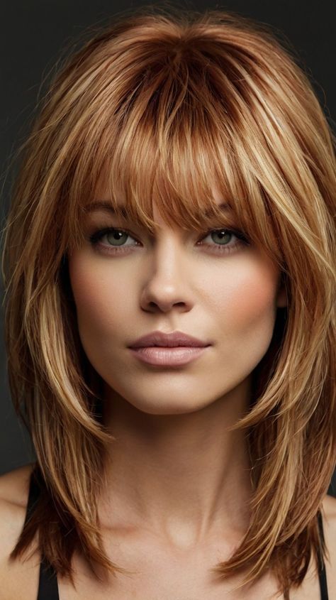 Layered Shag with Fall Hair Colors Copper Blonde Balayage 🌼 Copper Hair With Highlights Blonde, Long Hair With Short Layers On Top, Red Long Bob Hairstyles, Red Blonde Short Hair, Fall Hair Colors For Blondes Medium Length, Short Copper Hair With Blonde Highlights, Haircut For 50 Year Old Women, Angled Bob Haircuts With Bangs, Blonde Hair With Copper Highlights