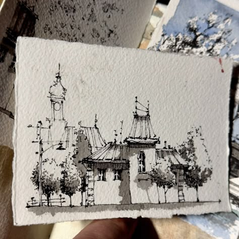 Martin Lachmair | Some small sized drawings I always carry with me in my super handy pen case. #inkdrawing #watercolor | Instagram Martin Lachmair Art, Pen Art Doodle, Drawings Of Buildings, Sketchbook Goals, Sketching Architecture, Small Sketches, Ink Sketching, Architecture Watercolor, Architecture Sketching