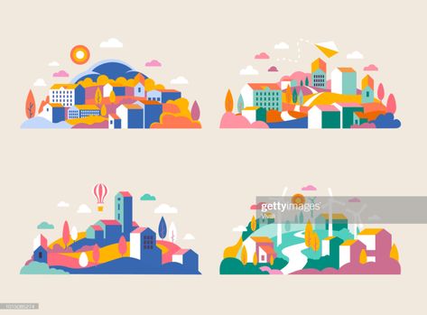 stock illustration : City landscape with buildings, hills and trees. Vector illustration in minimal geometric flat style. Abstract background of landscape in half-round composition for banners, covers. City with windmills Autumn Vector, Trees Vector, City Vector, City Logo, Abstract City, City Background, Free City, City Illustration, City Landscape