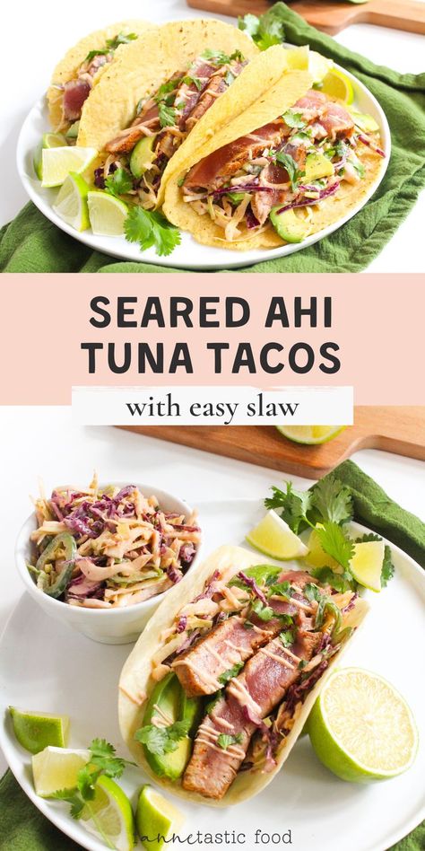 Ahi Tacos Recipe, Tuna Jalapeno, Chipotle Crema Sauce, Fresh Tuna Steak Recipes, Tuna Tacos Recipe, Ahi Tuna Tacos, Tuna Dinner Recipes, Jalapeno Slaw, Fresh Tuna Recipes