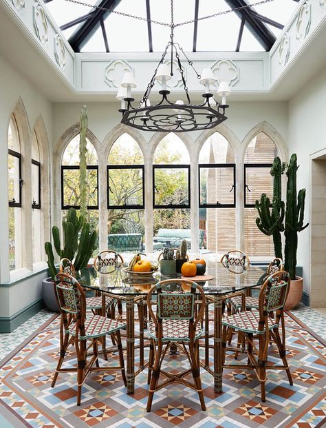 Highgate House (or Kim’s Dream House) Dramatic Interior, Gothic Revival House, Windsor House, Hanging Seats, Pineapple Wallpaper, Octagon Table, Revival Architecture, Gothic Revival, London House