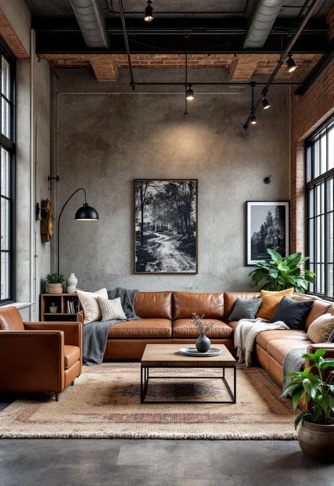 Rustic Living Room Modern Industrial Condo Interior Design, Living Room Decor Industrial Modern, Industrial Wood Living Room, Cozy Modern Industrial Living Room, Modern Industrial Family Room, Industrial Country Living Room, Industrial Rustic Living Room Ideas, Modern Rustic Lounge, Modern Rustic Industrial Living Room