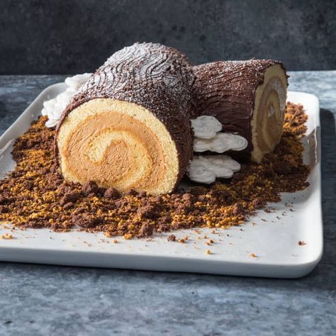 Caramel-Espresso Yule Log with Meringue Bracket-Style Mushrooms and Chocolate Crumbles | Cook's Illustrated Rolled Cakes, Yule Logs, Chocolate Crumble, Xmas Recipes, Donut Toppings, Yule Log Cake, Cookie Toppings, Cake Rolls, Caramel Tart