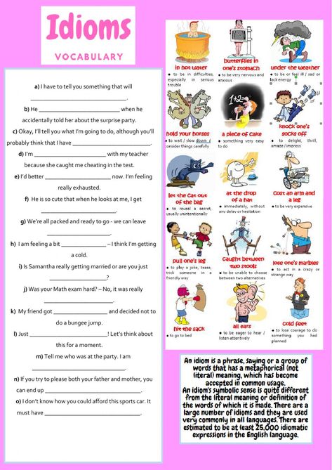 Idioms 1 worksheet Idioms For Kids, Idioms Worksheet, Teaching Idioms, English Language Activities, Speech Therapy Free, Idioms Activities, English Conversation For Kids, Word Puzzles For Kids, Teaching Figurative Language