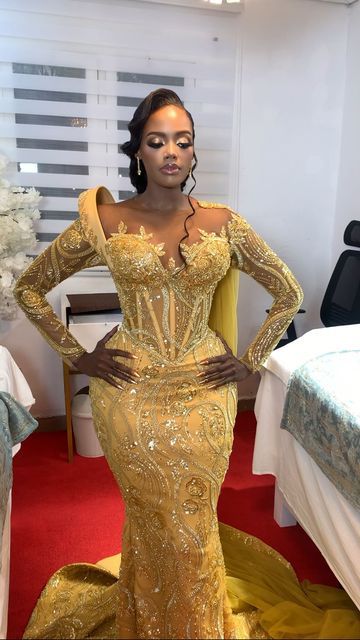 Gold Wedding Gowns With Sleeves, Wedding African Dress, African Wedding Dress Guest, Ankara Wedding Dress, African Weddings, Nigerian Wedding Reception Dress For Bride, Wedding Reception Dresses For Bride, Nigerian Wedding Reception Dress, Reception Dress For Bride