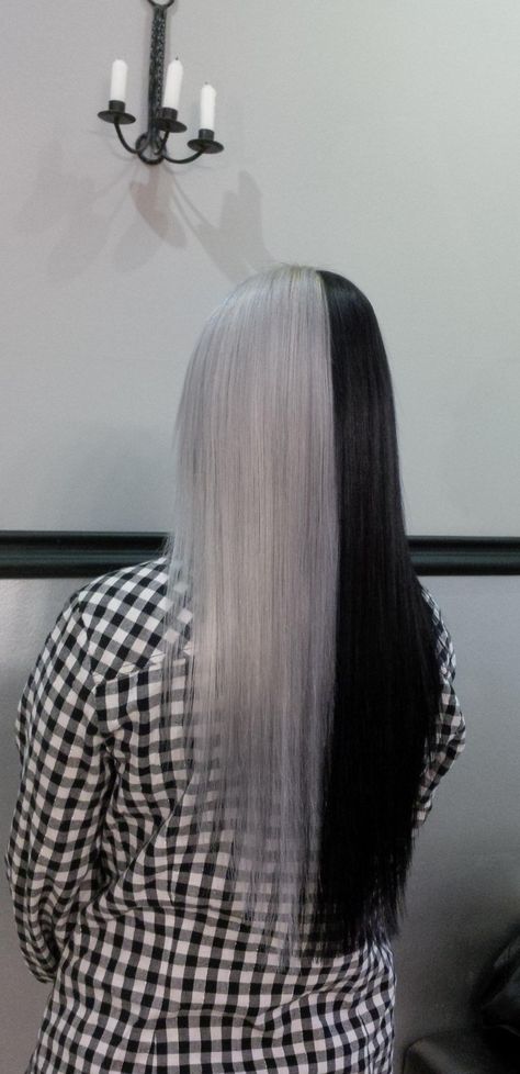 Half and half, black and white hair, silver hair Black And White Hair Inspiration, Half And Half Black And White Hair, Half Black Half Gray Hair, Black And Silver Split Dye, Half Black Half Grey Hair, Half Gray Half Black Hair, Half Black Half Silver Hair, Half Grey Half Black Hair, Cruela Hair