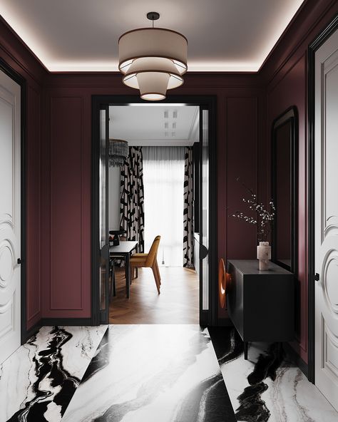 Apartments #65 :: Behance Red Brick Living Room, Neoclassic Interior, Brick Living Room, Burgundy Walls, Bedroom Deco, Design 2023, Entry Way Design, Small Entryway, Family Room Design