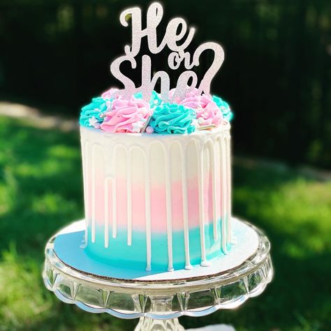 He Or She Cake Ideas, He Or She Gender Reveal Cake, Simple Gender Reveal Cake Pink And Blue, Simple Baby Shower Cake Ideas, Gender Cake Ideas, Small Gender Reveal Cake, Baby Gender Cake, Baby Shower Drip Cake, He Or She Cake