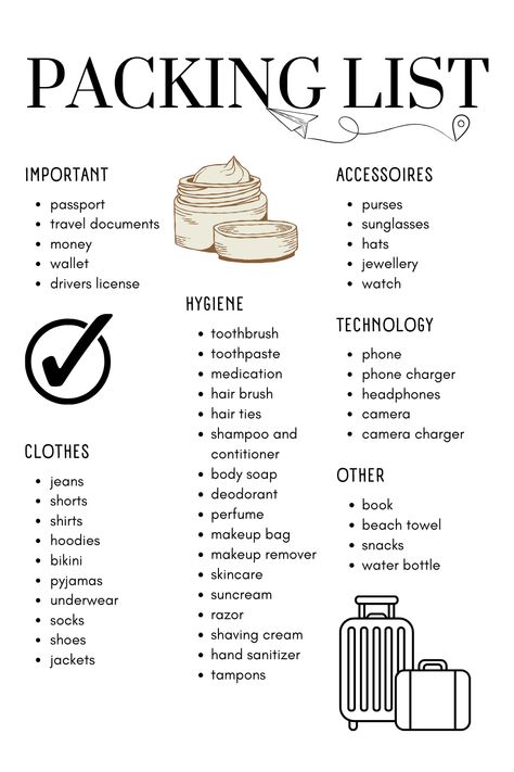 #travel #list #checklist #packinglist #packing #organize #vacation Bag List Travel, List For Vacation Packing, List For Packing For A Trip, Travel To Do List Packing, Vacation Bag Checklist, Travel Bag Checklist, What To Pack For A Holiday, Packing Travel List, Packing List For Holiday