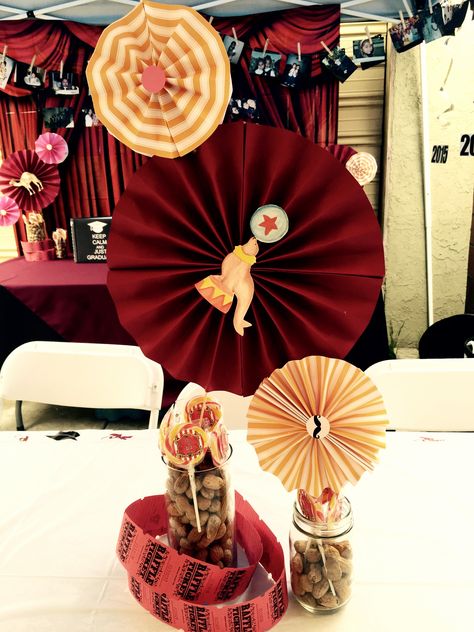 Circus themed centerpiece Vintage Circus Centerpieces, Circus Theme Centerpieces, Circus Gala, Vintage Circus Wedding, Circus Centerpieces, Carnival Prom, Vintage Carnival Theme, Prom Party Ideas, Vintage Carnival Wedding