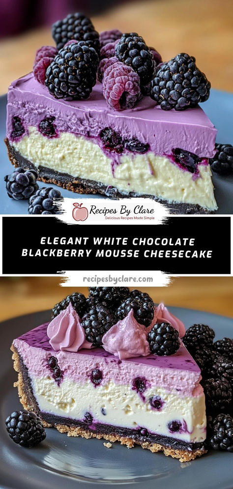 Savor the creamy layers of this White Chocolate Blackberry Mousse Cheesecake, with a silky white chocolate layer and light blackberry mousse atop a chocolate cookie crust. Fresh blackberries and whipped cream complete this beautiful dessert!  Ingredients:  1 1/2 cups white chocolate chips 1 1/2 cups chocolate cookie crumbs 1/4 cup blackberry jam A delightful combination of rich flavors and elegant presentation! Layered Desserts In A Cup, Blackberry Mousse Cake, Blackberry Cheesecake, Cheesecake Mousse, Layered Desserts, Chocolate Cream Cheese, Beautiful Desserts, Cookie Crust, Cookie Crumbs