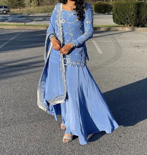 Punjabi Suit Colour, Punjabi Lengha Party Wear, Blue Suit Indian, Light Blue Sharara Suit, Blue Suits Women Indian, Jaggo Outfit Punjabi, Royal Blue Sharara Suit, Traditional Blue Sharara For Eid, Blue Desi Outfit