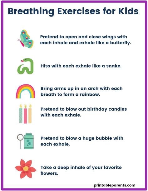 Breathing Exercises for Kids - Printable Parents Calming Exercises For Kids, Mindful Breathing For Kids, Kids Breathing Exercises, Deep Breathing Exercises For Kids, Calming Strategies For Kids Printable, Breathing Activities For Kids, Bubble Breathing, Breathing Techniques For Kids, Calming Strategies For Kids