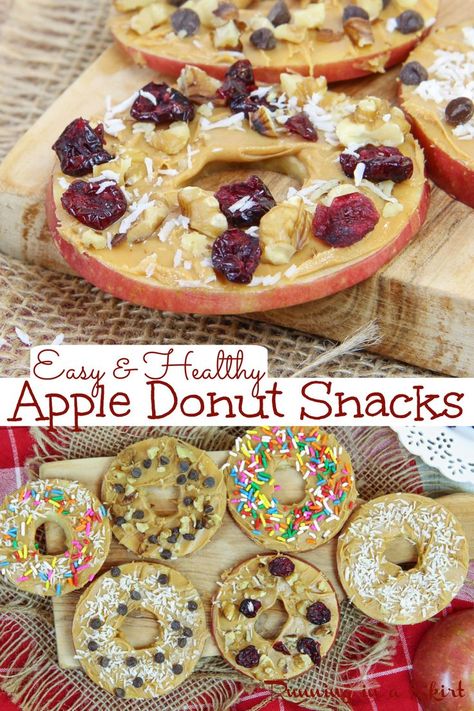 Healthy Apple Snacks recipes - Easy no bake healthy Apple Donuts for kids or adults. Made with peanut butter and toppings like chocolate chips, coconut, dried cranberries, sprinkles. Clean eating snack for kids! You love this quick and easy recipe. Vegan, Dairy Free, Vegetarian, Gluten Free / Running in a Skirt #applesnacks #apple #healthysnacks #kidrecipes #easyrecipes #nobakedessert Healthy Apple Snacks, Apple Snacks Healthy, Apple Donut, Apple Recipes Healthy, Apple Snacks, Low Fat Snacks, Apple Donuts, Snack For Kids, Pear Recipes