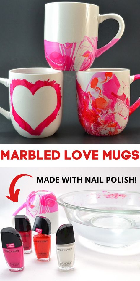 DIY Marbled Valentine's Day Love Mugs Made with Nail Polish Painted Dishes, Coffee Cups Diy, Painted Coffee Mugs, Nail Polish Crafts, Paint White, Diy Nail Polish, Diy Mugs, Valentine's Day Recipes, White Mugs