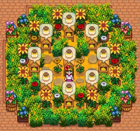 River Farm Stardew Layout, Stardew Valley Seasonal Plants, Star Dew Valley Farm Layouts River, Bee Farm Stardew Valley, Stardew Monster Farm Layout, Stardew Valley Farm Layout Beehive, Stardew Valley Farm Layout Hilltop Aesthetic, Bee House Layout Stardew, Stardew Bee House Layout