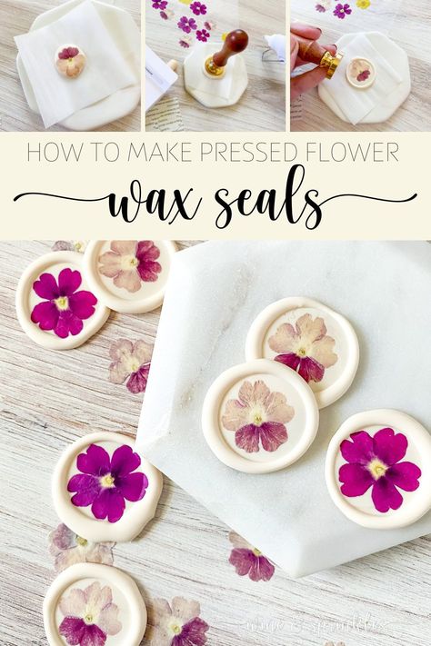 How to make your own pressed flower self adhesive wax seals with a blank wax stamp, dried flowers, a low temperature glue gun, and sealing wax sticks Pressed Flower Wax Stamp, Diy Self Adhesive Wax Seals, Uses For Wax Seals, What To Do With Wax Seals, Wax Seal Flowers, Wax Seals With Dried Flowers, Diy Wax Seals, Dried Flower Wax Seal, Floral Wax Seal