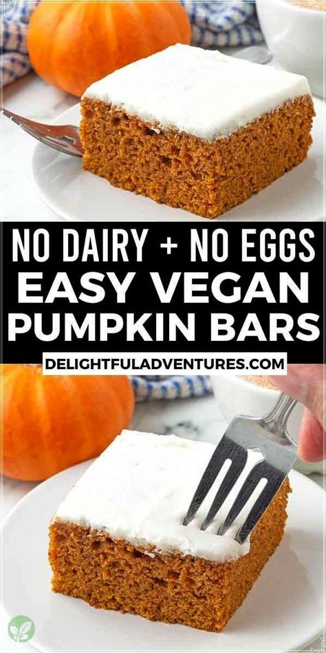 Indulge in easy-to-make, delicious vegan pumpkin bars packed with warm pumpkin spices and topped with the best dairy-free cream cheese frosting. These thick, moist, eggless pumpkin cake bars are ideal for holiday celebrations, potluck contributions, or just to treat yourself and your family! This simple vegan dessert can also be made gluten-free. Vegan Pumpkin Bars, Pumpkin Cake Bars, Vegan Pumpkin Cake, Dairy Free Cream Cheese Frosting, Pumpkin Sheet Cake, Vegan Pumpkin Recipes, Dairy Free Cream Cheese, Pecan Bars, No Dairy