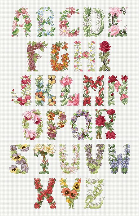 Crosstich Patterns Free, Colorful Cross Stitch, Cross Stitch Alphabet Patterns, Cross Stitch Letters, Embroidery Alphabet, Hand Embroidery Projects, Cross Stitch Alphabet, Floral Cross Stitch, Crochet Cross