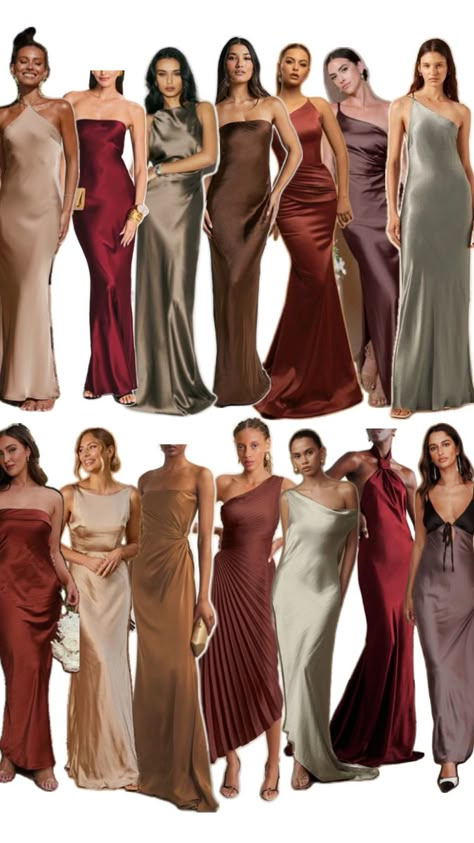 Bridesmaid Autumn Dresses, Earthy Tones Dress, Burgundy Color Palette Bridesmaids, Soft Autumn Wedding Guest Dress, New Years Wedding Bridesmaid Dresses, Bridesmaids Colour Palette, Bridal Party Fall Colors, Bronze Bridesmaids Dresses, Bridesmaid Colors Fall