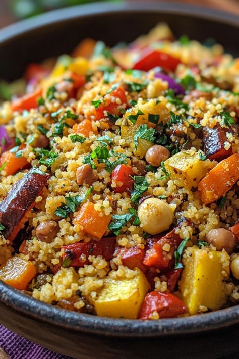 This Moroccan Couscous with Roast Vegetables is a vibrant and flavorful dish that’s easy to make and packed with nutrition.  With a mix of roasted veggies and traditional Moroccan spices, this dish makes an ideal main or side for any occasion. Couscous Roasted Vegetables, Moroccan Side Dishes Veggies, Leftover Couscous, Moroccan Cous Cous, Couscous Vegetables, Moroccan Dish, Menu Ramadan, Roasted Vegetable Couscous, Moroccan Vegetables