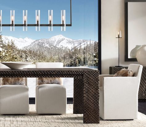 RH Ski House Introduces Furnishings Inspired By Colorado’s High Country Rh Ski House, Ski House, Mountain Living, Kitchens And Bedrooms, Furniture Vanity, Mountain Home, Linear Chandelier, Hotel Lobby, Bath Furniture