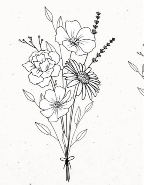 Bundles Of Flowers Tattoo, Bouquet Of Flowers Outline, One Line Flower Bouquet Drawing, Wildflower Bouquet Line Drawing, Simple Wildflower Bouquet Drawing, Wild Flower Sketches Simple, Bouqette Of Flowers Drawing, Flower Boquettes Drawings, Simple Flower Bouquet Drawing