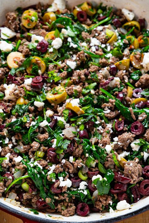 Greek Skillet Dinner, Ground Beef With Olives, Greek Beef Skillet, Spinach Beef Recipes, Feta And Ground Beef, Greek Minced Beef Recipes, Greek Recipes With Ground Beef, Recipes With Greek Olives, Ground Beef Feta Recipe