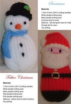 Free Christmas Knitting Patterns, Xmas Knitting, Knitted Snowman, Christmas Toy Knitting Patterns, Christmas Knitting Projects, Knit Christmas Ornaments, Knitted Christmas Decorations, Christmas Knits, Knitted Dolls Free