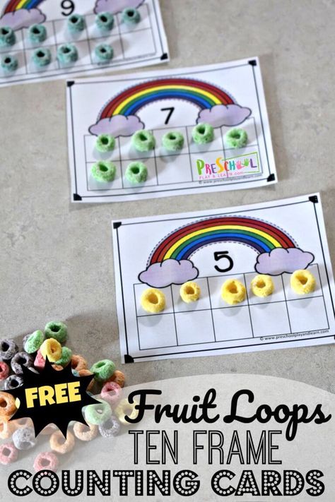 FREE Fruit Loops Ten Frame Counting Cards - these free printable rainbow count to 10 activity is a fun math activity for toddler, preschool, prek, and kindergarten age kids using fruit loops, m&m, skittles, etc. We love candy math! #counting #tenframe #preschool #preschoolmath Counting Activities For Preschoolers, Candy Math, Visualizing Activities, Math Activities For Toddlers, Ten Frame Activities, Rainbow Activities, Fun Math Activities, Math Counting, Free Fruit