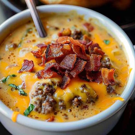 carnivore cheeseburger soup 2 THUMB500 Carnivore Diet Recipes, Caveman Diet Recipes, Bacon Cheeseburger Soup, Carnivore Recipes, Diet Soup Recipes, Calzone Recipe, Caveman Diet, Meat Diet, Cheeseburger Soup