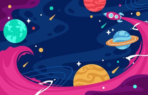 Flat Colorful Space with Rocket Background Space Background Illustration, Rocket Background, Outer Space Illustration, Space Banner, Art Spatial, Vector Art Design, Space Illustration, Stick Art, Instagram Prints