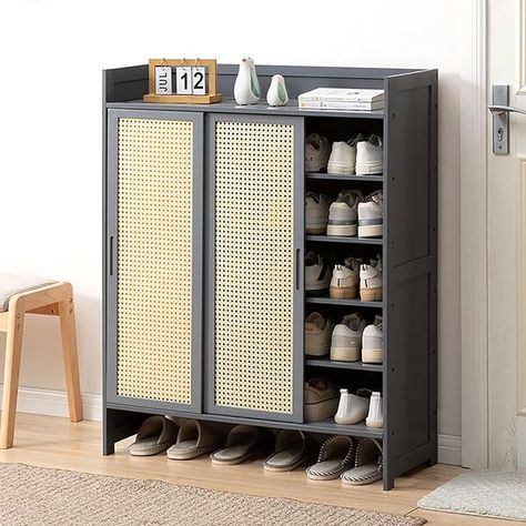 Amazon.com: Bamboo 5 Tier Shoe Storage Cabinet,Freestanding Shoes Rack Organizer Entryway Large Capacity Shoe Cabinet for Boots Heels Sneakers Sandals(87x32x106cm(34x13x42in), Grey) : Home & Kitchen Bag Cabinet, Cabinet Freestanding, Wall Shoe Rack, Shoes Rack, Sliding Door Design, Shoe Rack Organization, Heels Sneakers, Entryway Organization, Simple Shoes