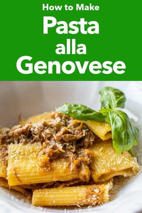 Follow our Pasta alla Genovese recipe and make the meaty Neapolitan pasta classic in your home kitchen. | pasta recipe | Neapolitan pasta recipe | pasta with meat Marco Polo Pasta Recipe, Pasta Genovese Recipe, Genovese Sauce Recipe, Genovese Pasta, Ragu Recipes, Neapolitan Pasta, Pasta Genovese, Italian Bake, Bologna Food