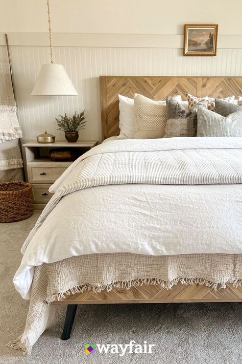 Boho Farmhouse King Bed, Master Bedrooms Decor Wood Headboard, Bed Frames Boho, Wood Bed With Cream Bedding, Coastal Bed Frame King, White Quilts Bedding, Boho Wood Bed Frame, Natural Wood Bed Frame Bedroom Ideas, Boho King Bed Frame