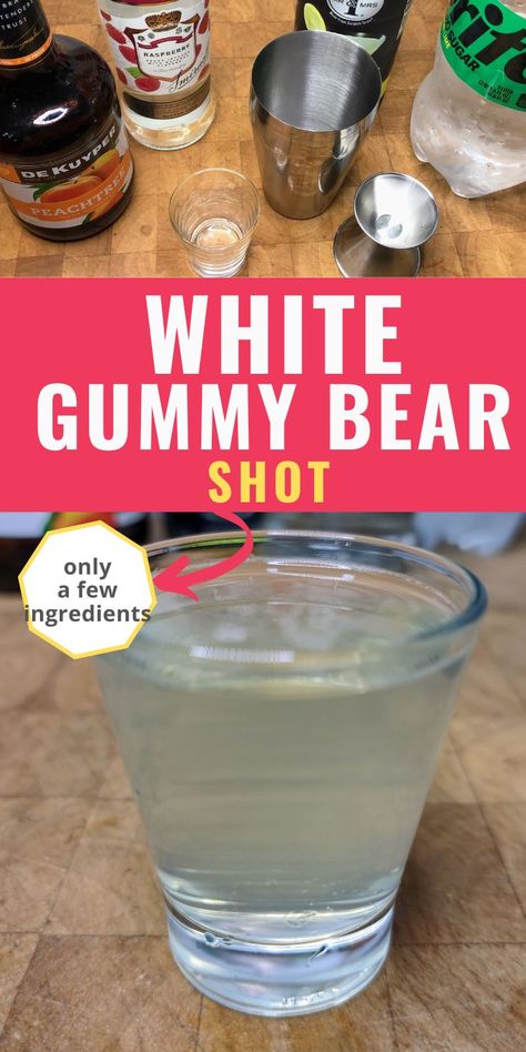 This white gummy bear shot is an easy candy shot to shake up.  With just a few ingredients, it is a light and fruity shot. Candy Shots Recipe, Candy Shots Alcohol, Candy Flavored Shots, Candy Cocktails, Candy Alcohol Drinks Sweet Tart Shot, White Gummy Bear Drink, Alcohol Infused Candy, Flavored Shots, White Gummy Bear Shot, Gummy Bear Drink, Gummy Bear Shots, White Gummy Bear, Fruity Shots