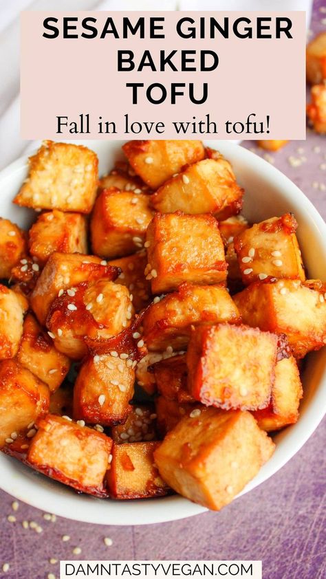 Small white bowl filled with baked sesame ginger tofu cubes. Quick And Easy Tofu Recipes, Pressed Tofu, Uni Meals, Iron Foods, Summer Hosting, Cook Tofu, Yummy Vegetables, Tofu Recipes Healthy, Tofu Recipes Easy