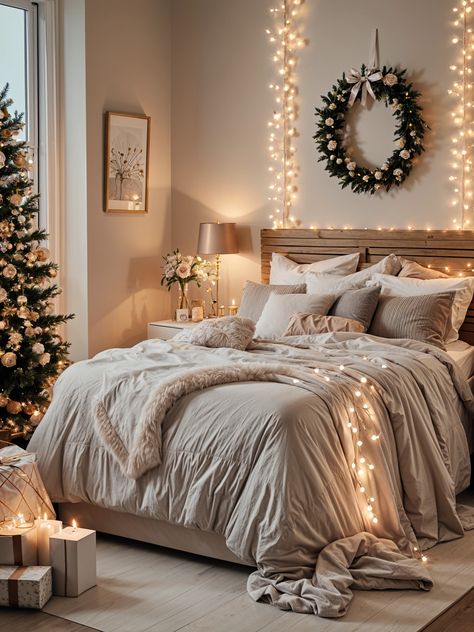 A bedroom scene with a bed adorned with white linens and a fur throw. The bed is positioned in front of a Christmas tree, adding a festive touch to the room. The bedroom also features a nightstand with a lamp and a vase of flowers, creating a cozy and inviting atmosphere. Bedroom Scene, White Linens, Fur Throw, White Linen, The Bedroom, Flower Vases, Home Bedroom, The Room, Christmas Decorations