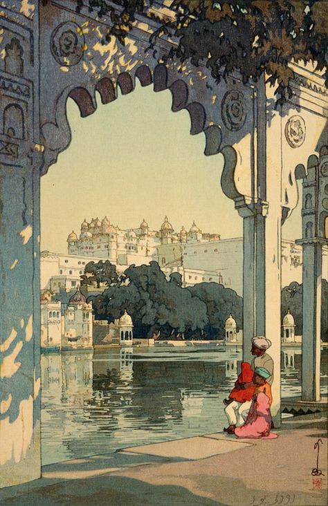 Udaipur, 1931. by Yoshida Hiroshi Yoshida Hiroshi apparently toured the world and produced some beautiful woodcuts. This, as you see, is Udaipur in India. If you click to go to the source you will see some truly splendid works. Udaipur Palace, Illustration Kunst, Art Japonais, Arte Inspo, Japanese Woodblock Printing, Art Et Illustration, Japanese Painting, Udaipur, Art And Illustration